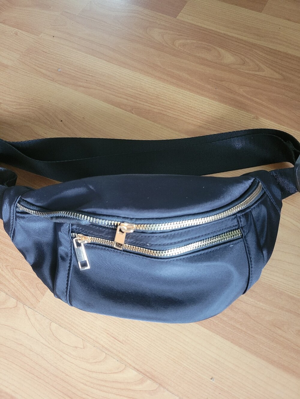 Women's Black Satin Crossbody Belt Bag with Gold Zippers
